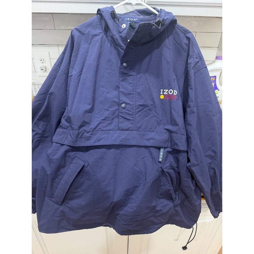 Vintage IZOD Mens Navy Blue Nylon Anorak Windbreaker Pullover Hooded Jacket L